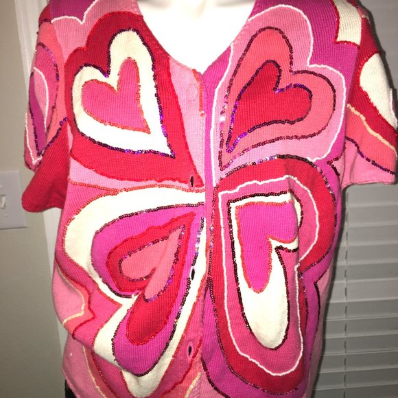 Michael Simon Heart Sweater = Hot Pink & Red Sequins ShowStopper  Sw1 - Picture 1 of 5